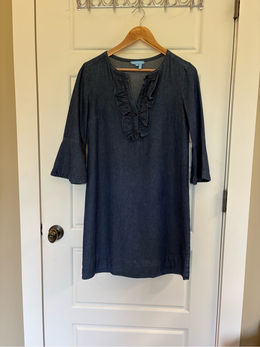 Draper James Denim Ruffle V-Neck Popover Shirt Dress - Dark Blue